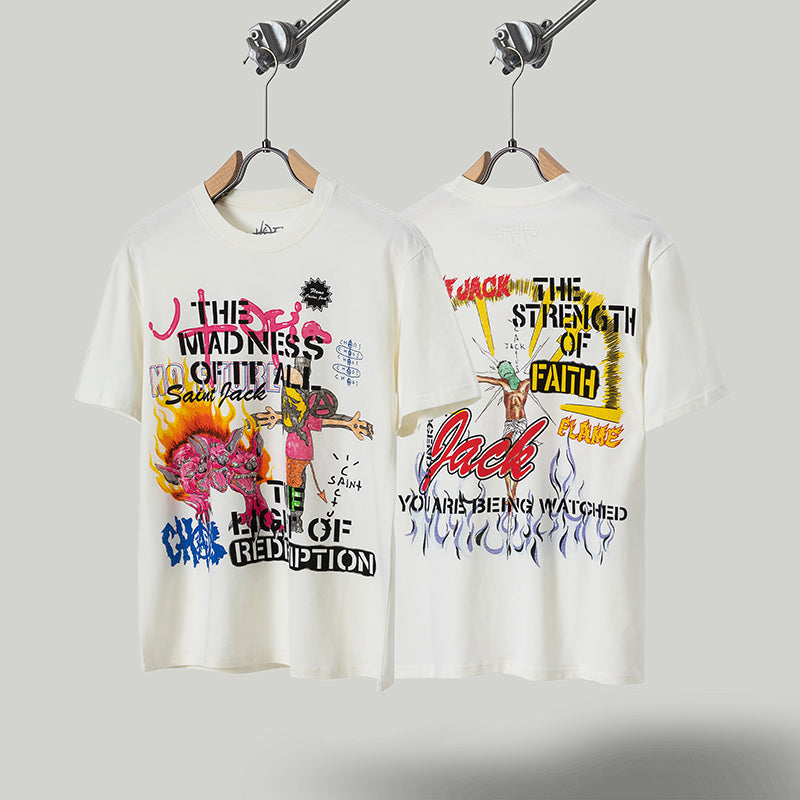 Travis Scott T Shirts Cactus Jack x Utopia x SAINT joint doll flame hellhound print short sleeve