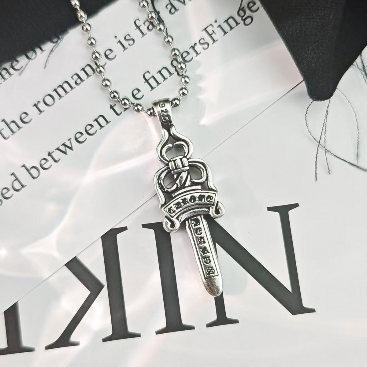 Chrome Hearts Necklace Vintage Single Sided Sword Pendant Pearl Bead Necklace