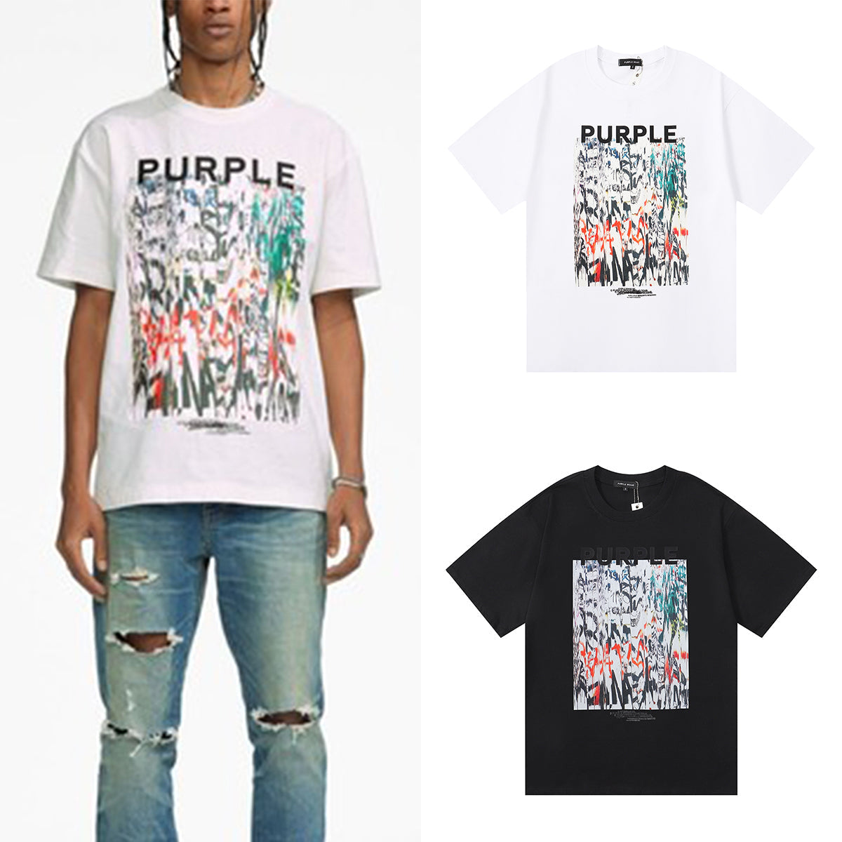 Purple T Shirts Painted Printed Cotton Short Sleeves Men and Women