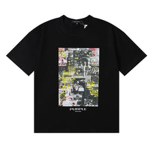 Purple T Shirts Newspaper Printed Cotton Casual Short Sleeves Men and Women