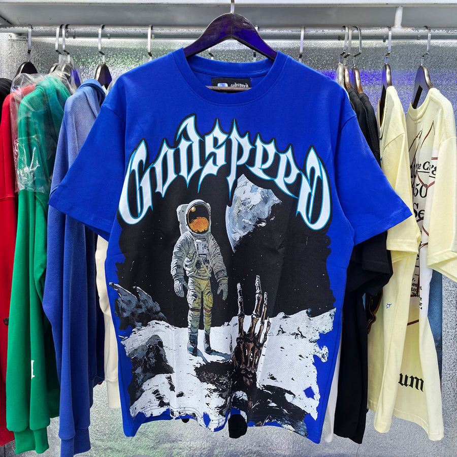 Godspeed T Shirts Astronaut Moon Landing Print Cotton Casual Short Sleeve Men and Women