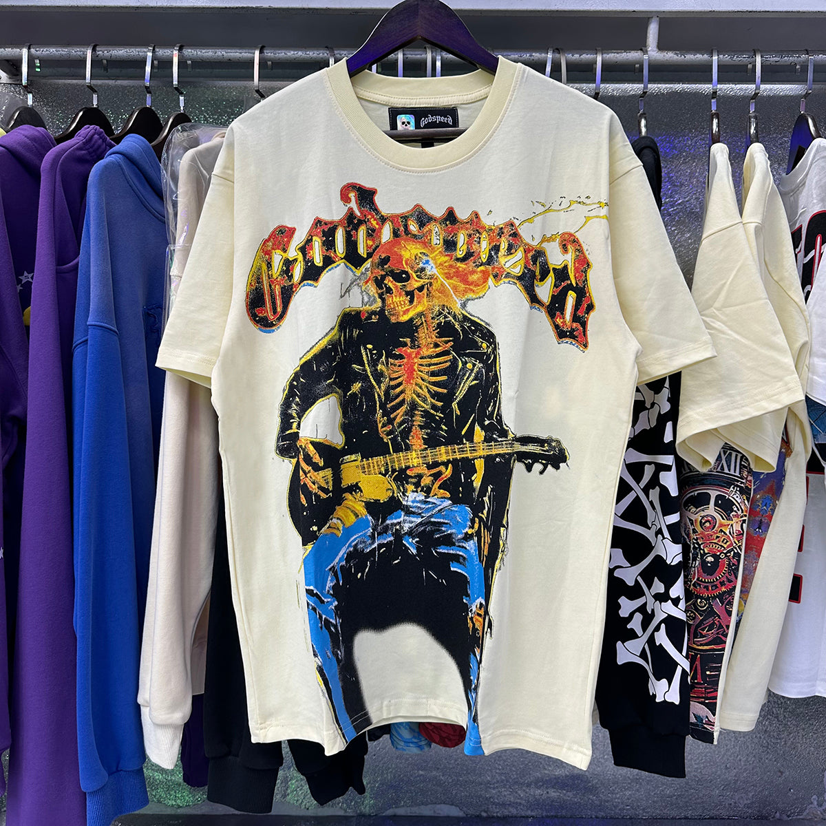 Godspeed T Shirts Guitar Skull Denim Print Casual Crew Neck Short Sleeve Men and Women