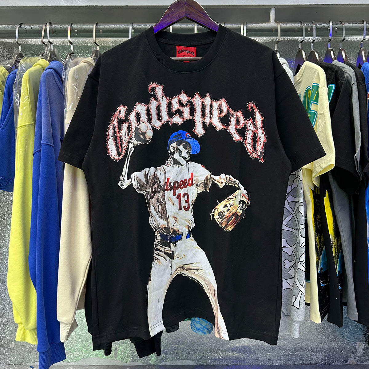 Godspeed T Shirts Skull Baseball Player No. 13 Cotton Crew Neck Short Sleeve Men and Women