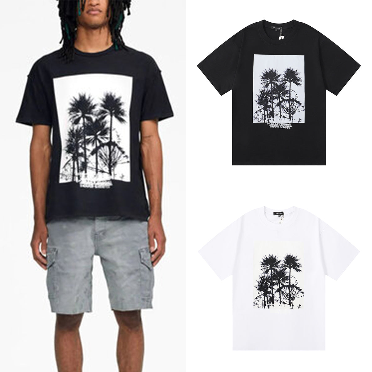 Purple T Shirts Palm Tree Print Cotton Casual Versatile Short Sleeve Men and Women