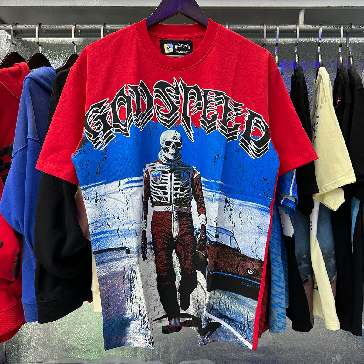 Godspeed T Shirts Sports Car Skull Racer Printed Cotton Casual Short Sleeve Men and Women
