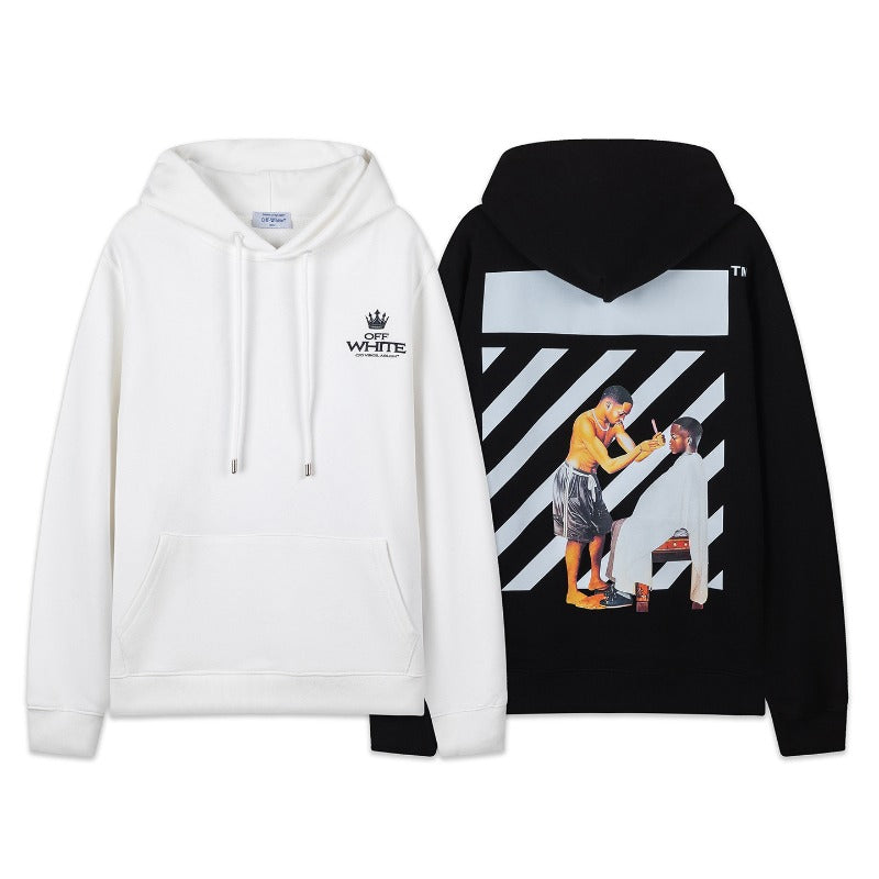 OW Black Barber Pattern Pullover Hooded Sweatshirt