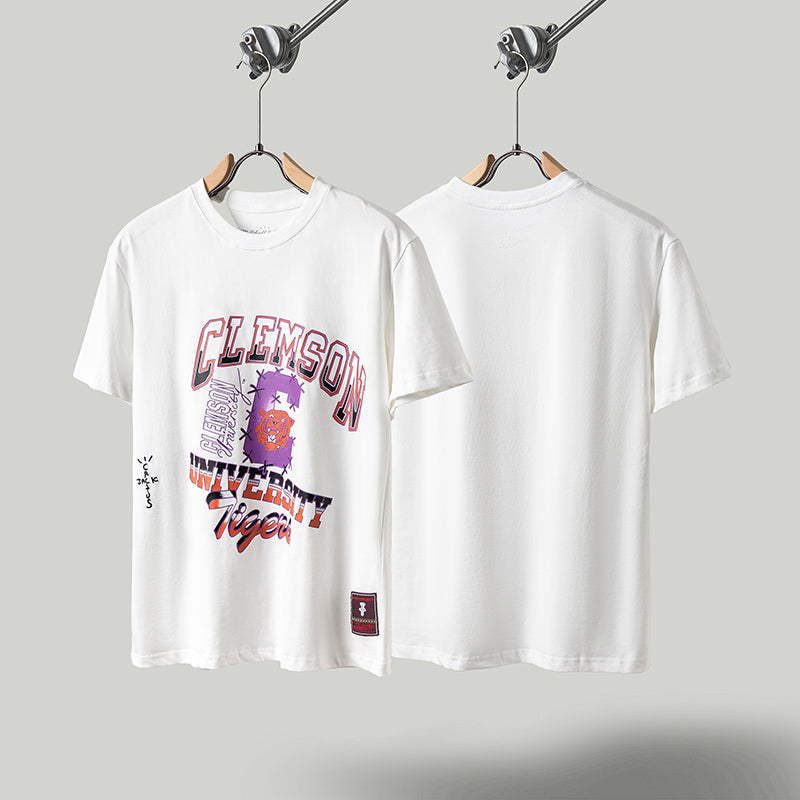 Travis Scott T Shirts x Mitchell x Ness Clemson Tigers Hand-Drawn Short Sleeve