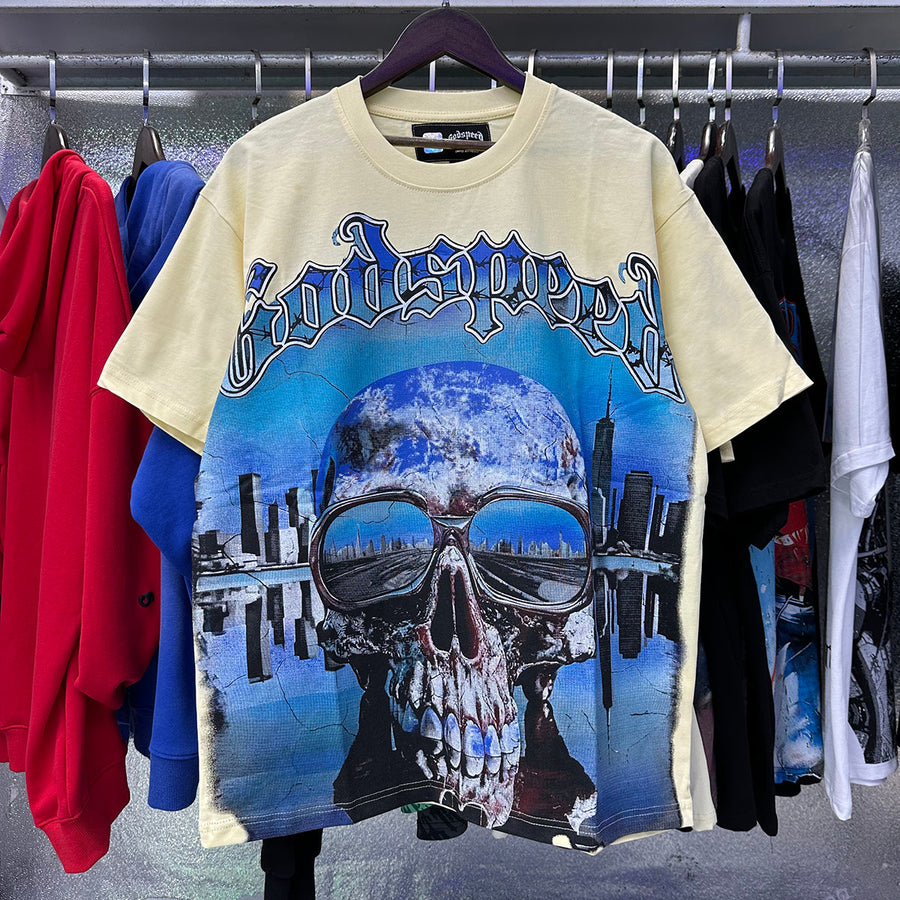 Godspeed T Shirts Skull City Reflection Print Cotton Casual Short Sleeve Men and Women