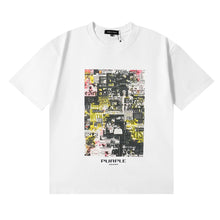Purple T Shirts Newspaper Printed Cotton Casual Short Sleeves Men and Women