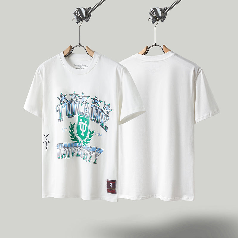 Travis Scott T Shirts x Mitchell x Ness Tulane Green Wave Hand-Drawn Short Sleeve