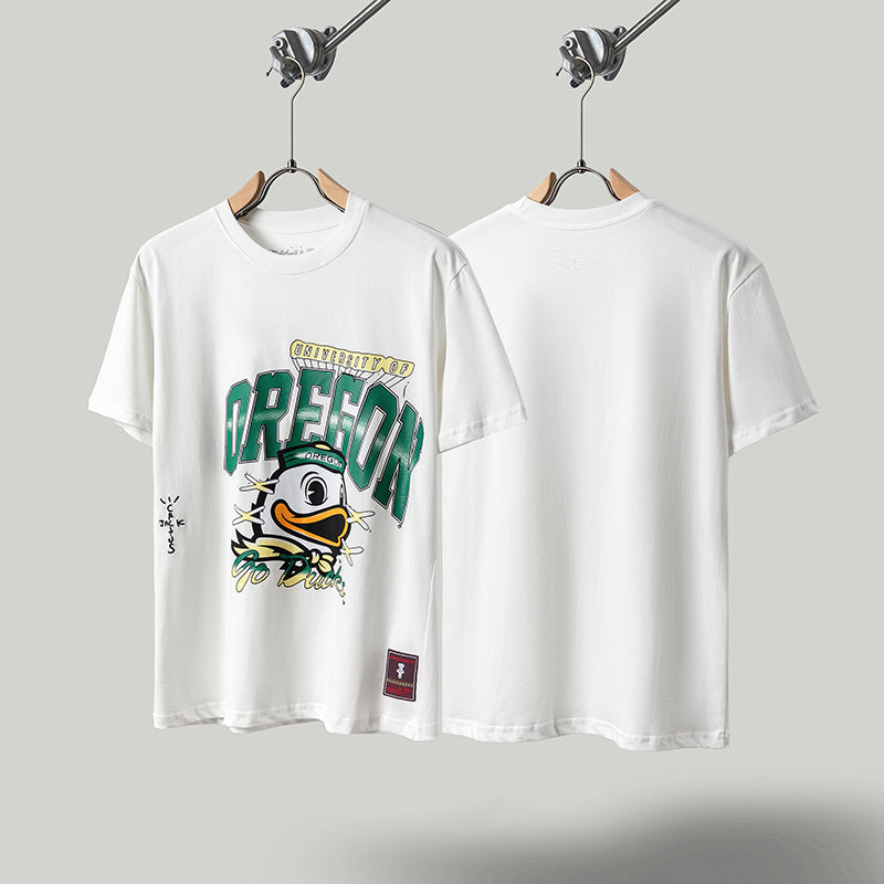 Travis Scott T Shirts x Mitchell x Ness Oregon Duck Hand-Reawn Short Sleeve
