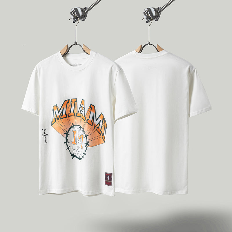 Travis Scott T Shirts x Mitchell x Ness Miami Hurricanes Hand-Drawn Short Sleeve