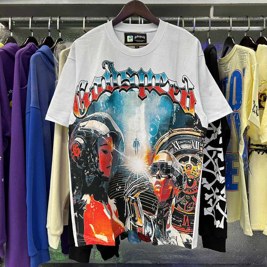 Godspeed T Shirts Astronaut Robot Printed Cotton Casual Short Sleeve Men and Women