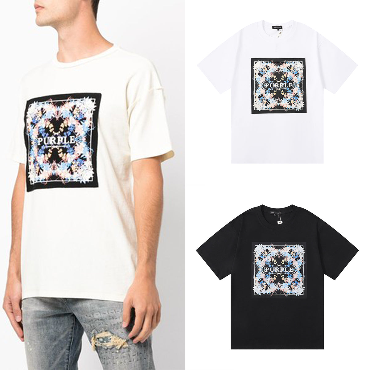 Purple T Shirts Green Vine Plant Print Cotton Casual Short Sleeve Men and Women