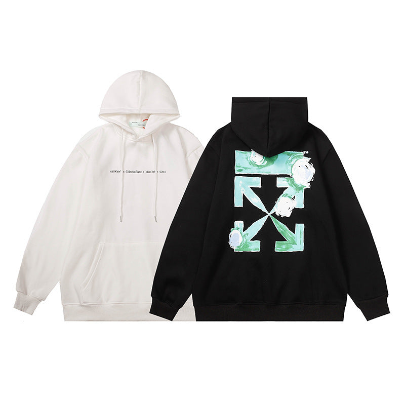 OW Flower Arrow Pattern Fleece Pullover Hooded Sweatshirt