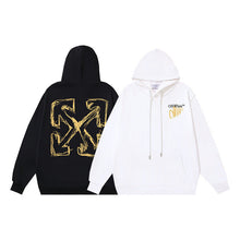 OW letter arrow print pattern pullover hooded sweater