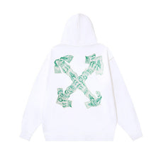 OW banknote letter arrow print pattern hooded sweater