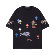 CHH Heart T Shirts Cross Print Sanskrit Hand Painted Graffiti Short Sleeve T-Shirt