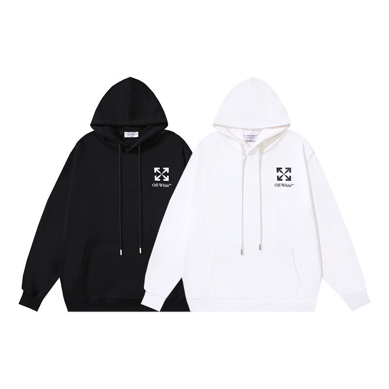 OW letter arrow print pattern pullover hooded sweater