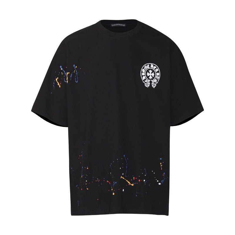 CHH Heart T Shirts Cross Leather Print Short Sleeve T-Shirt Loose