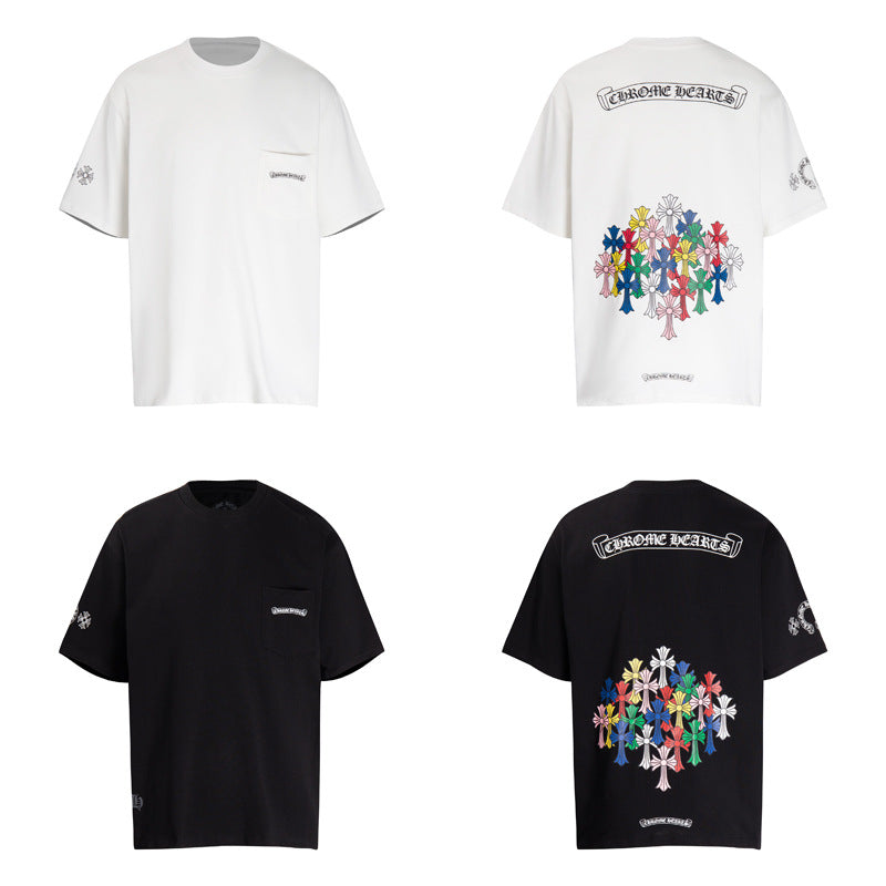 CHH Heart T Shirts Colorful Cross Flower Arm Short Sleeve