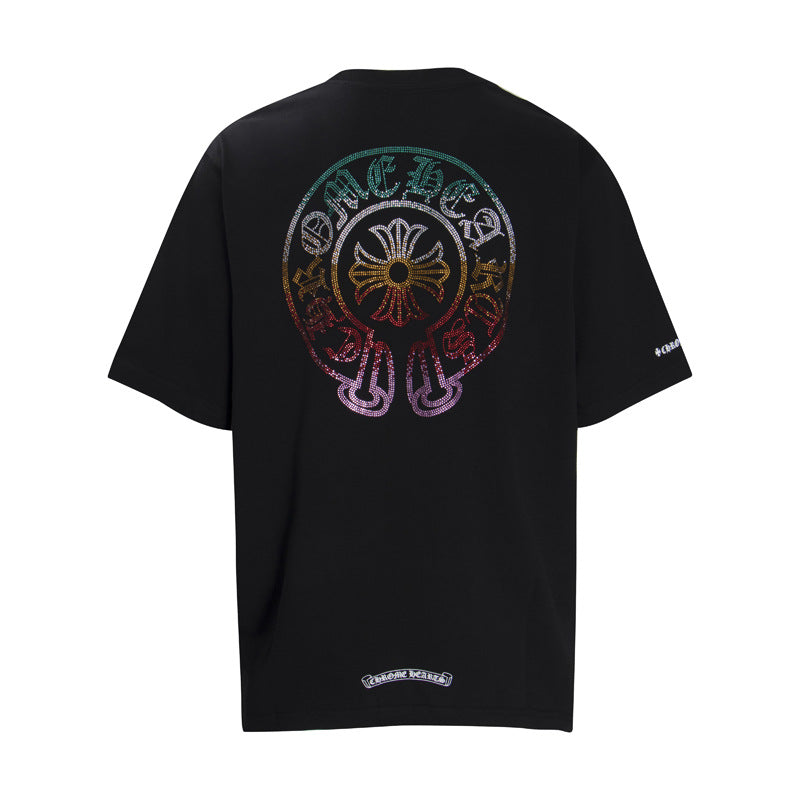 CHH Heart T Shirts Horseshoe Sanskrit Cross Color Hot Diamond Short Sleeve T-Shirt
