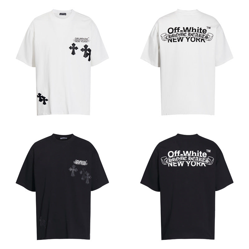 CHH Heart T Shirts Cross Color Leather Printed Short Sleeve T-Shirt Loose