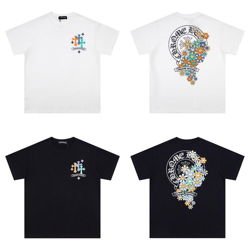 CHH Heart T Shirts Cross Leather Print Short Sleeve T-Shirt Loose