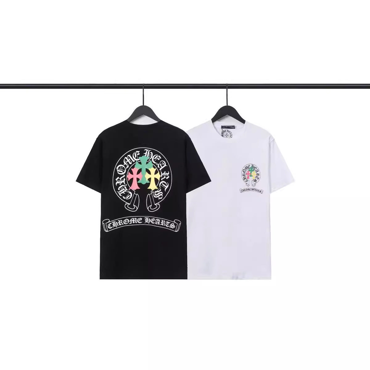 CHH  Heart T Shirts Crowe Scroll Heart Color Cross Print Crew Neck Short Sleeve