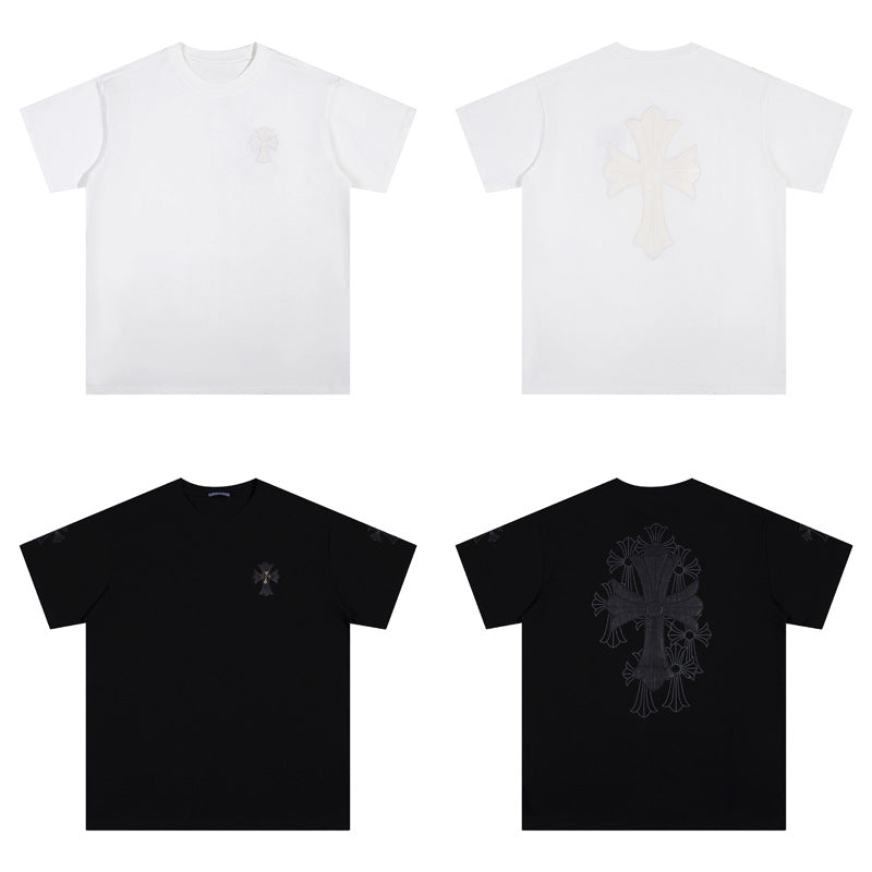 CHH Heart T Shirts Croix Cross Color Embroidery Printed Short Sleeve T-Shirt Loose