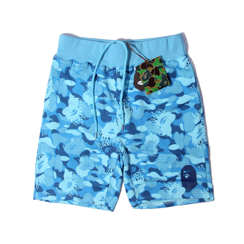 Bathing ape Bape Shorts Flame Blue Camo Shark Straight Beach Pants