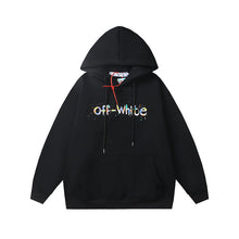 OW Color Letter Arrow Pattern Pullover Fleece Hooded Sweater