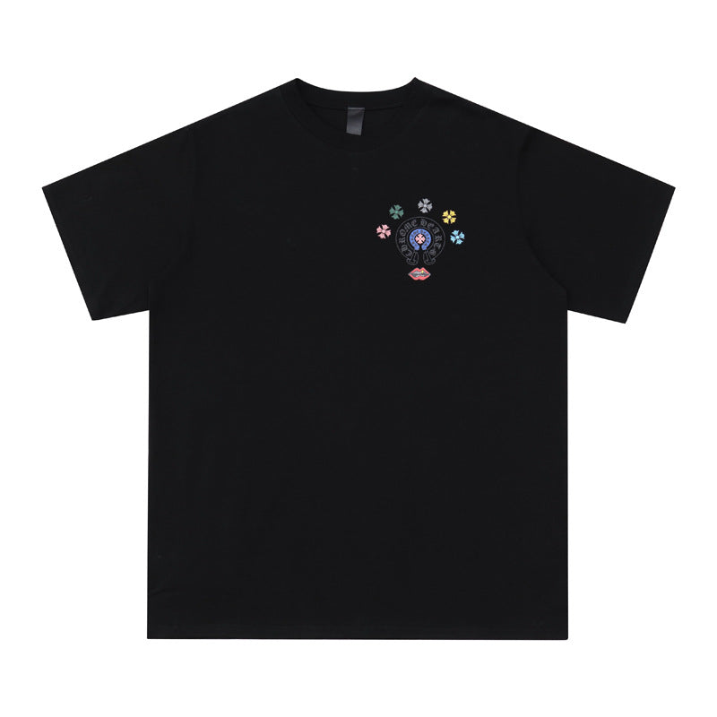 CHH Heart T Shirts Cross Leather Print Short Sleeve T-Shirt Loose