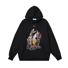 OW black character print pattern pullover hooded sweater