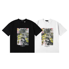 Purple T Shirts Newspaper Printed Cotton Casual Short Sleeves Men and Women