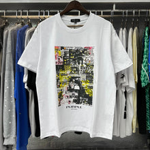 Purple T Shirts Newspaper Printed Cotton Casual Short Sleeves Men and Women