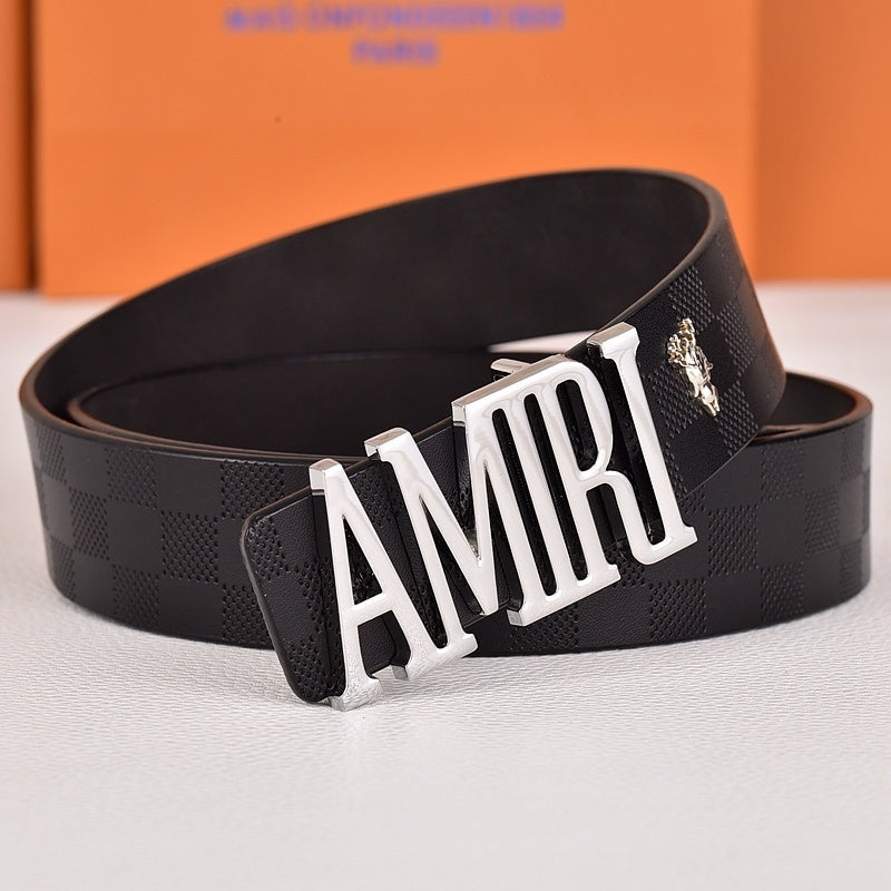 Amiri Belt Black plaid pattern Golden deer logo