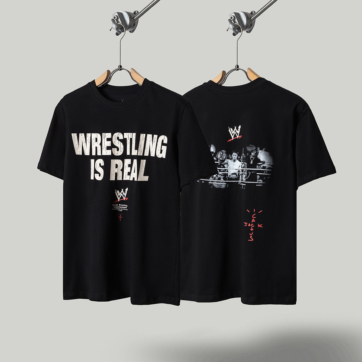 Travis Scott T Shirts x WWE collaboration: John Cena and Dwayne Johnson pose for a photo together. Letter-printed retro short-sleeved T-shirt.