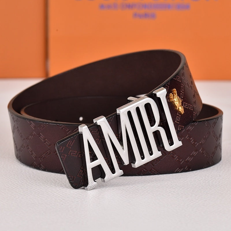 Amiri Belt dark brown cross grain Golden deer logo