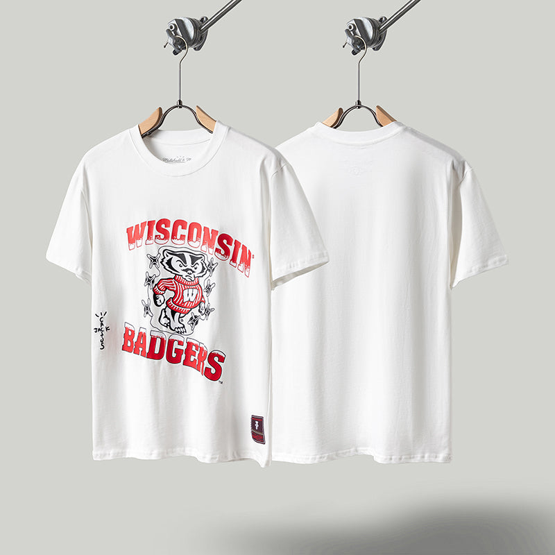 Travis Scott T Shirts x Mitchell x Ness Wisconsin Badgers Hand-Drawn collaboration short-sleeve
