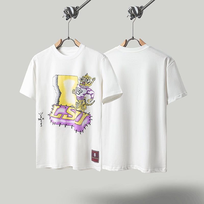 Travis Scott T Shirts x Mitchell x Ness LSU Tigers Hand-Drawn Short Sleeve