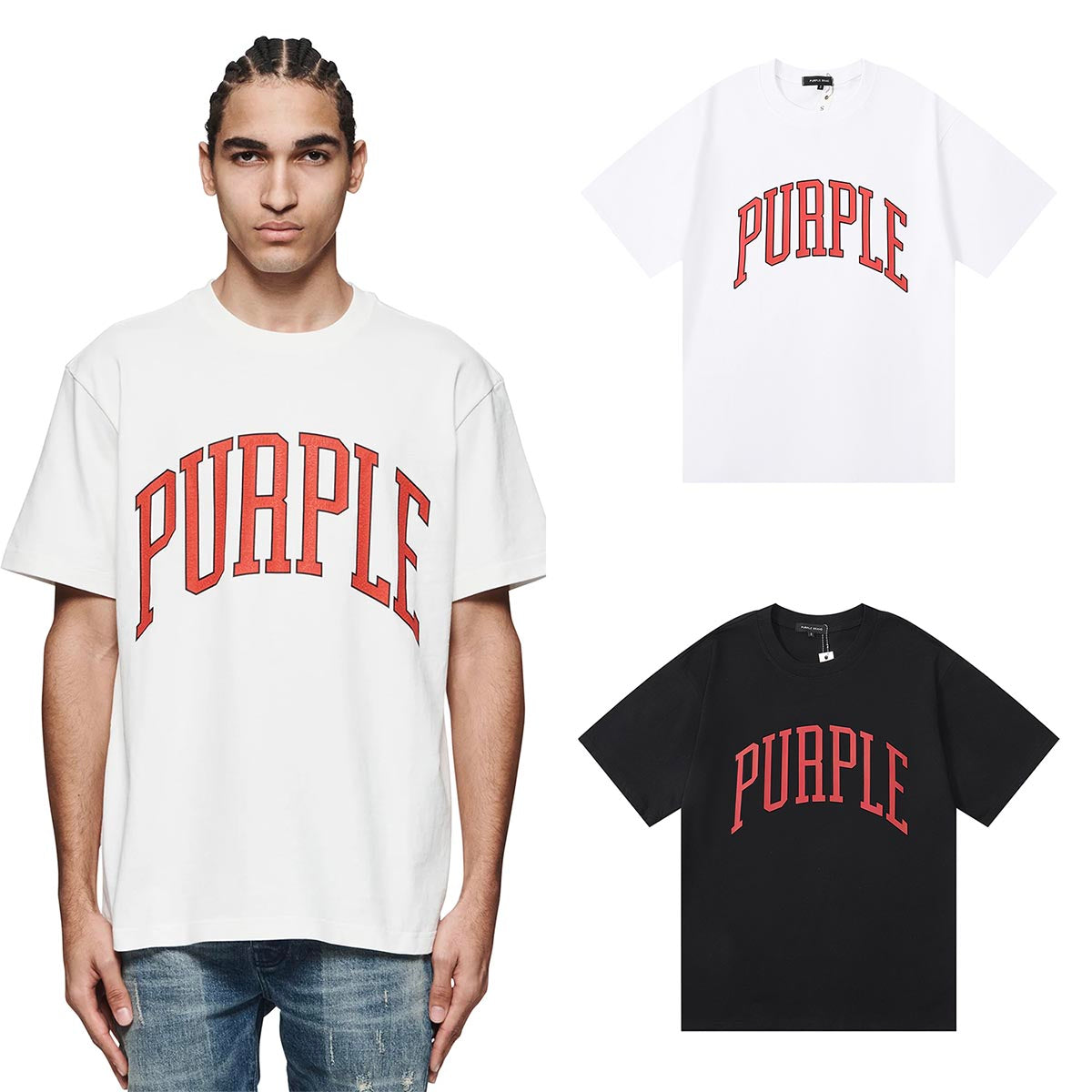 Purple T Shirts Orange Curved Printed Cotton Casual Short Sleeves Men and Women