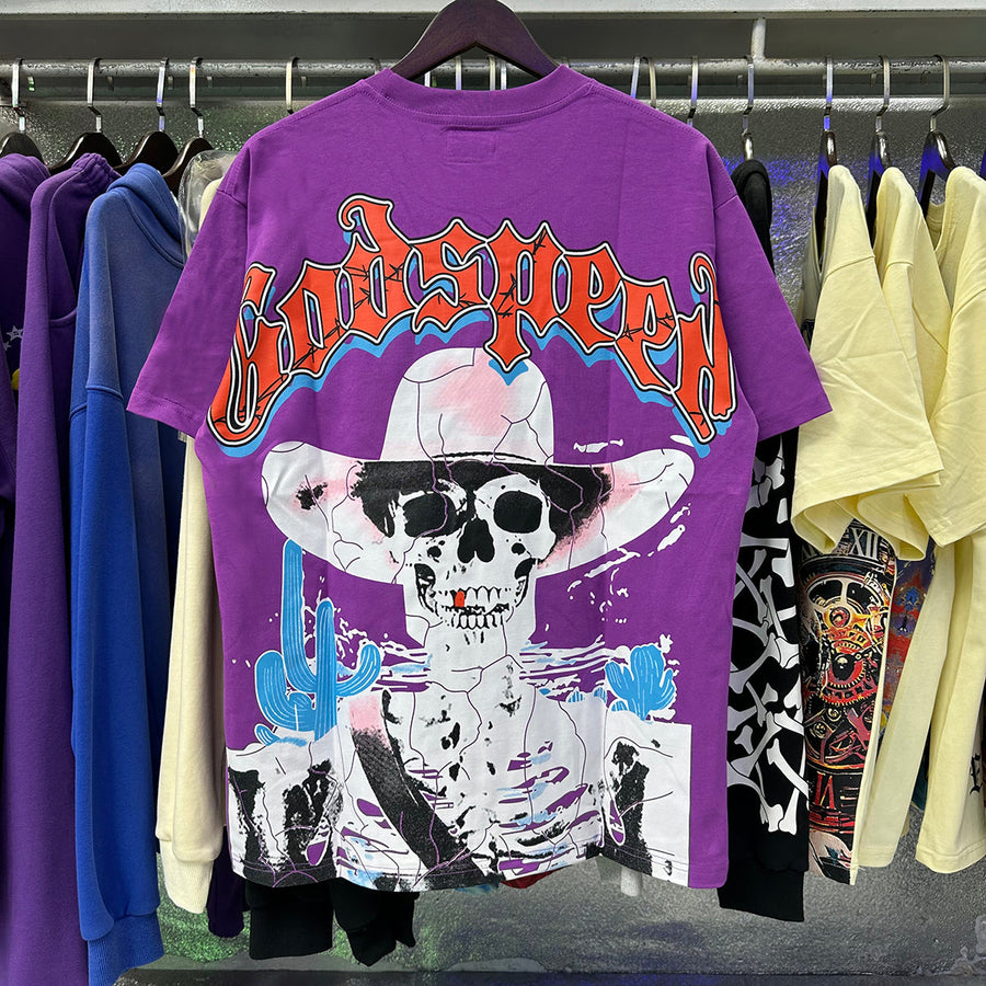 Godspeed T Shirts Great Western Skull Denim Cactus Print Cotton Casual Short Sleeve Men and Women